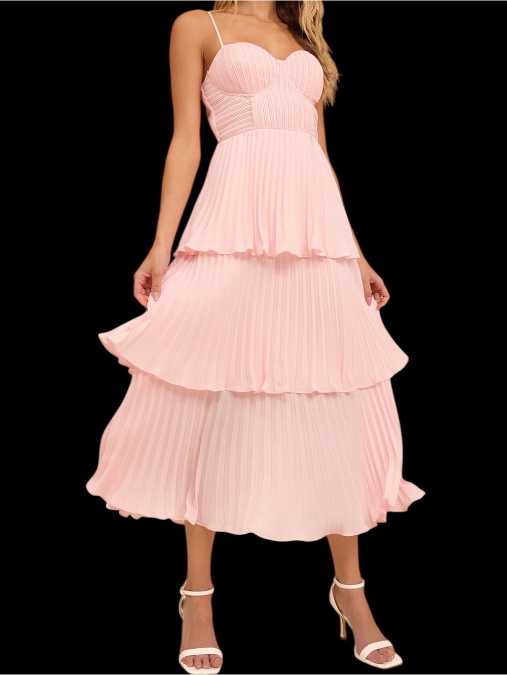 Lulus Cascading Crush Blush Pink Tiered Bustier Pleated Midi Dress NWOT